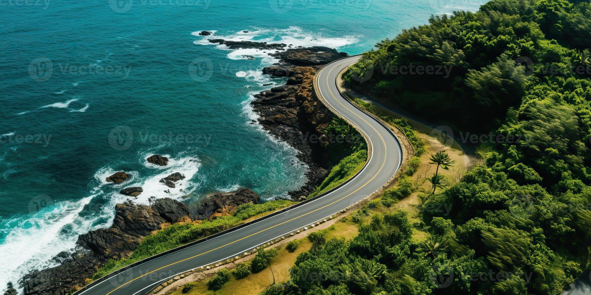 AI generated Beautiful nature outdoor adventure road trip travel road path highway with ocean sea coast photo