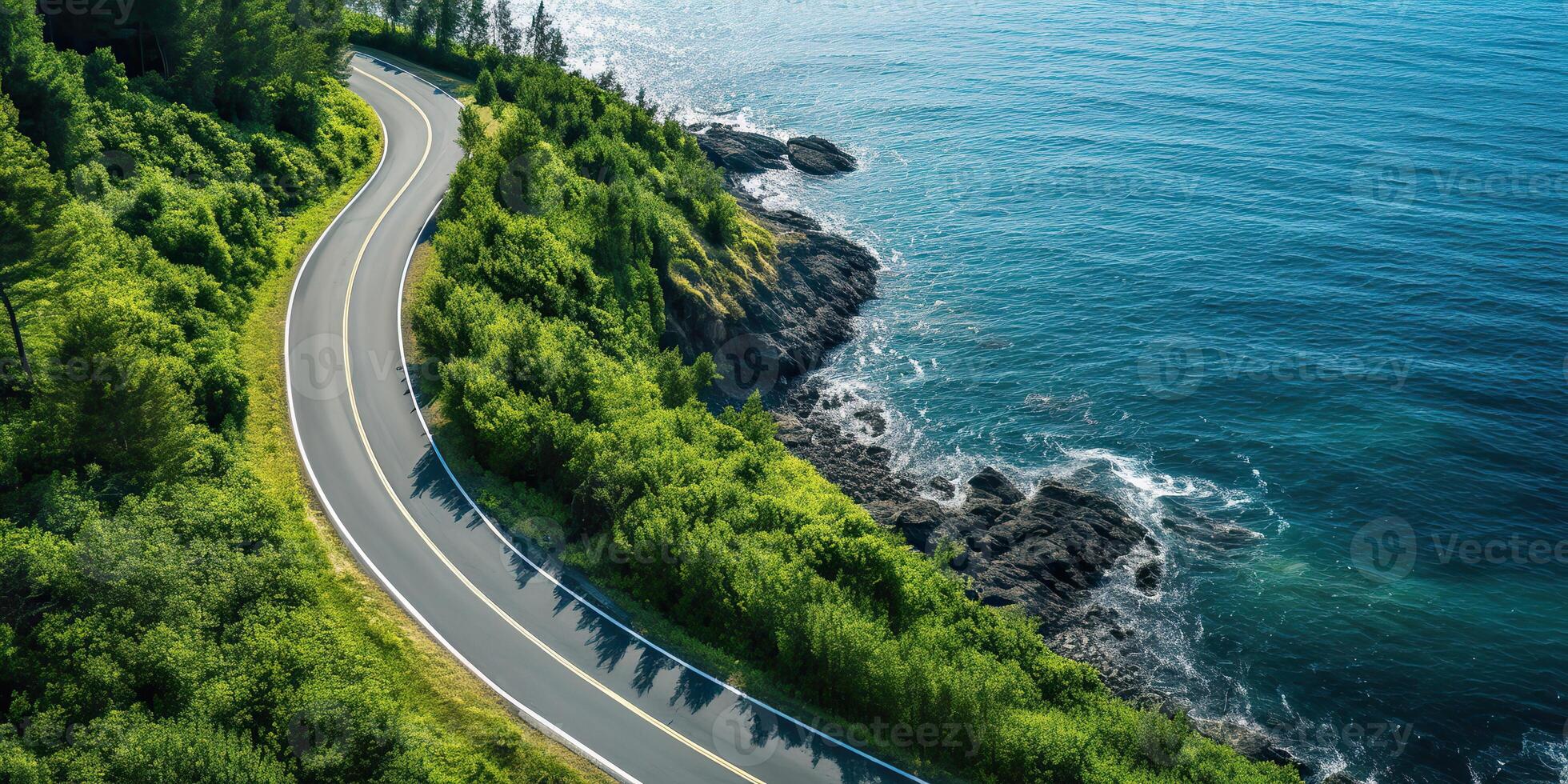 AI generated Beautiful nature outdoor adventure road trip travel road path highway with ocean sea coast photo