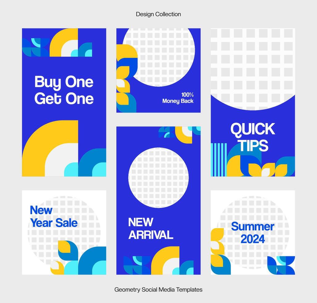 Collection of social media designs for Story Templates and Feed Posts in geometric style. Template for sales promotion and digital marketing. Trendy vector background design for advertising.
