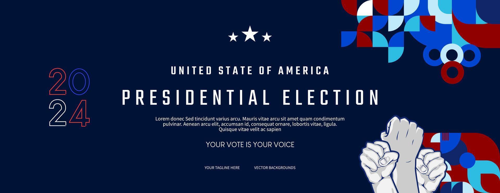 United States 2024 Presidential election day banner in modern geometric style. American election vote campaign cover. Background vector illustration