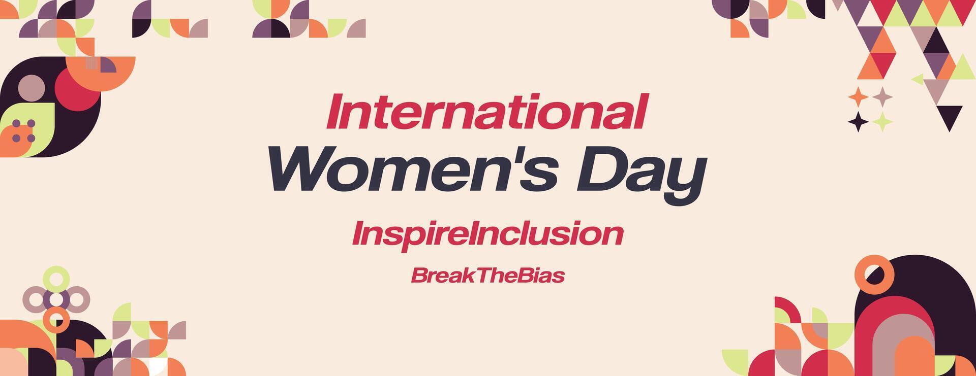 International Women's Day banner. Modern geometric background in colorful style for women day. Happy women's day greeting card cover with text. Happy world women's day 2024 for Inspire Inclusion vector