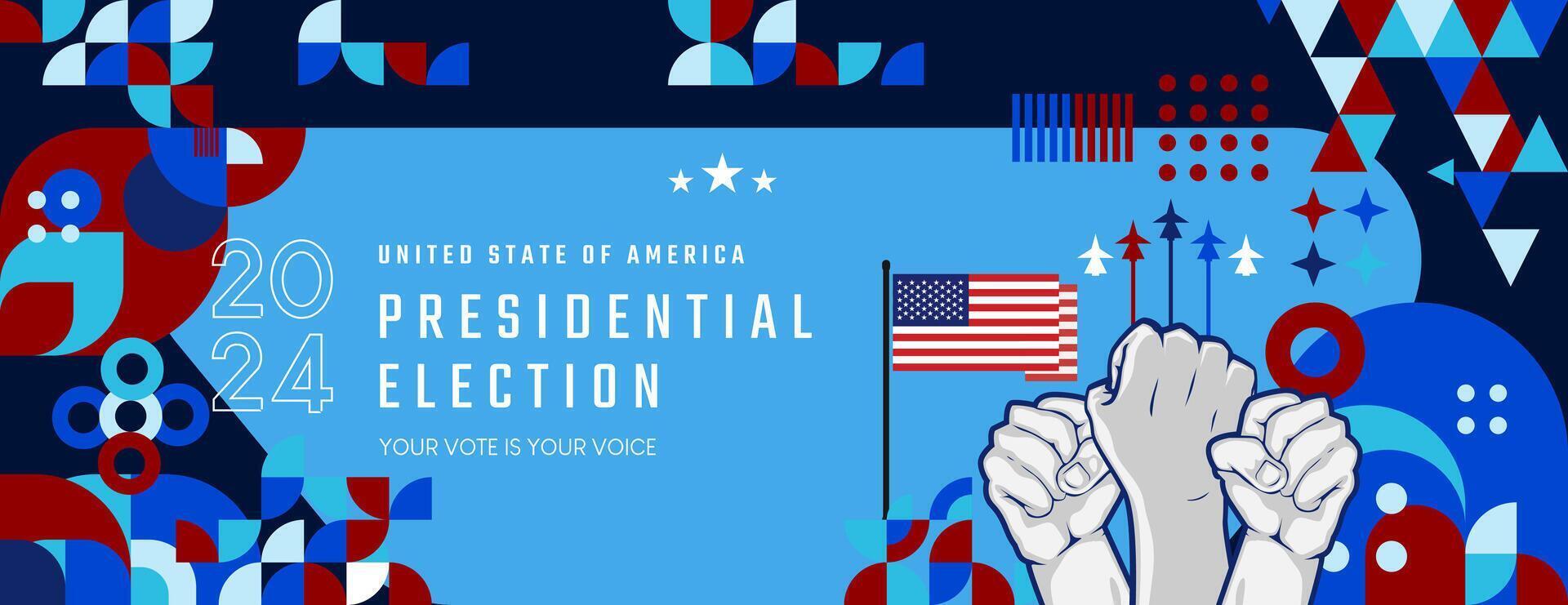 unido estados 2024 presidencial elección día bandera en moderno geométrico estilo. americano elección votar Campaña cubrir. antecedentes vector ilustración