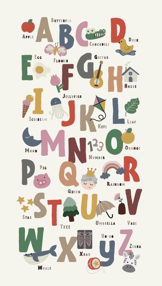 flat design vector handwriting ABC alphabet poster printable for kids activity