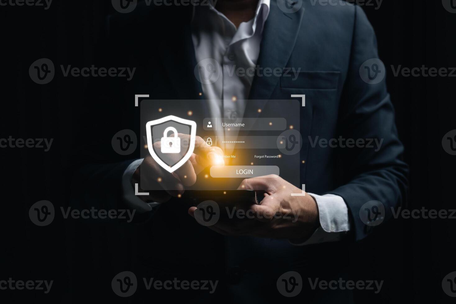 Businessman using mobile phone and laptop login to access, information security and encryption, secure access user's information, Internet access, cybersecurity. Cyber security technology concept. photo