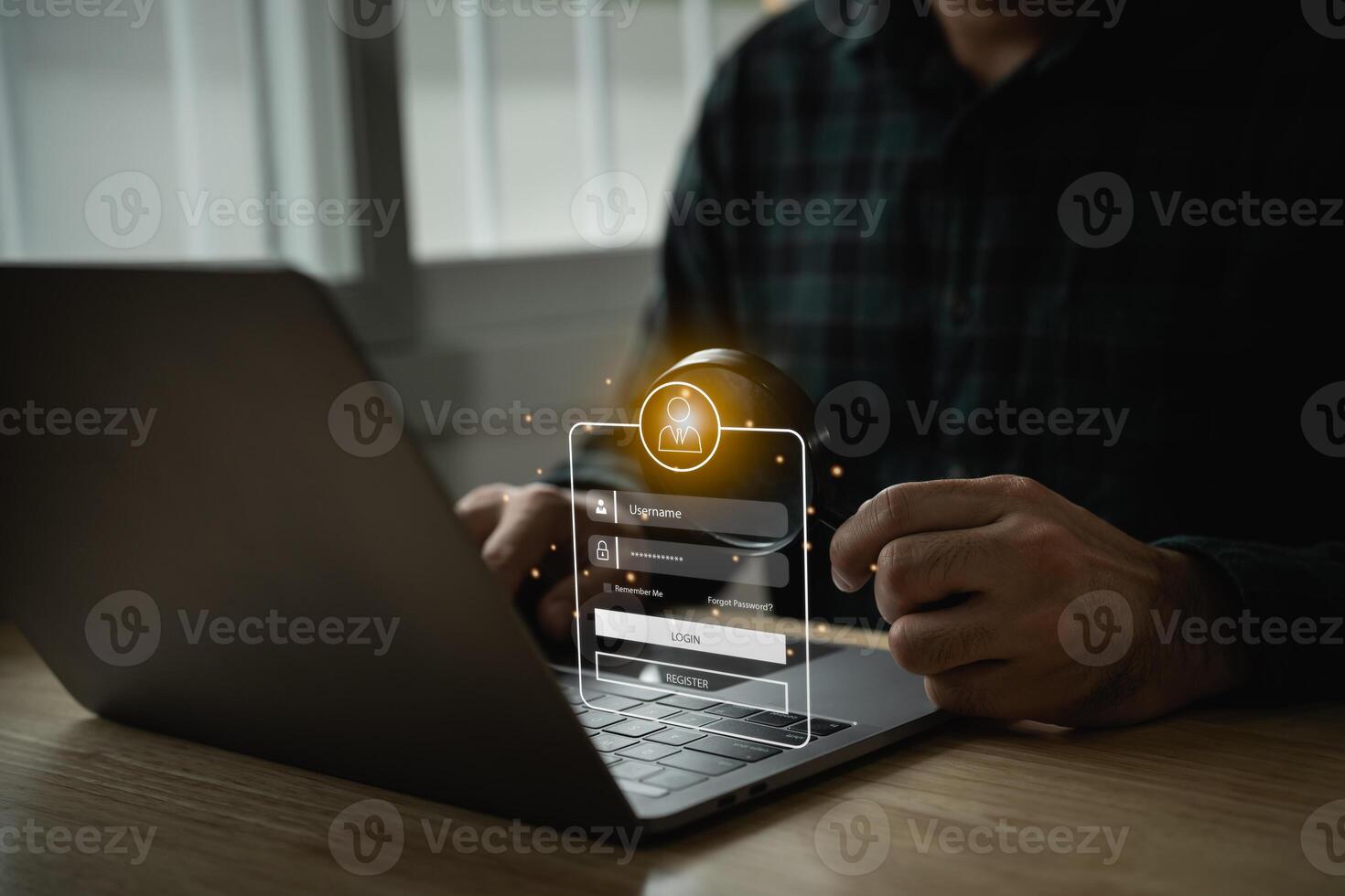 Businessman using mobile phone and laptop login to access, information security and encryption, secure access user's information, Internet access, cybersecurity. Cyber security technology concept. photo