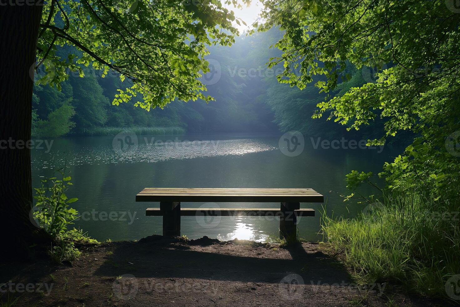 AI generated An inviting wooden bench by a tranquil lake offers a peaceful retreat amidst the lush greenery of a forest. photo