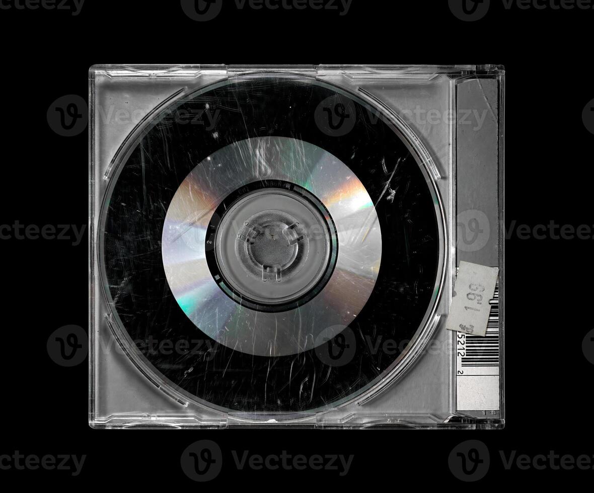 Jewel case full of scratches isolated on black. damaged music cd mockup. photo