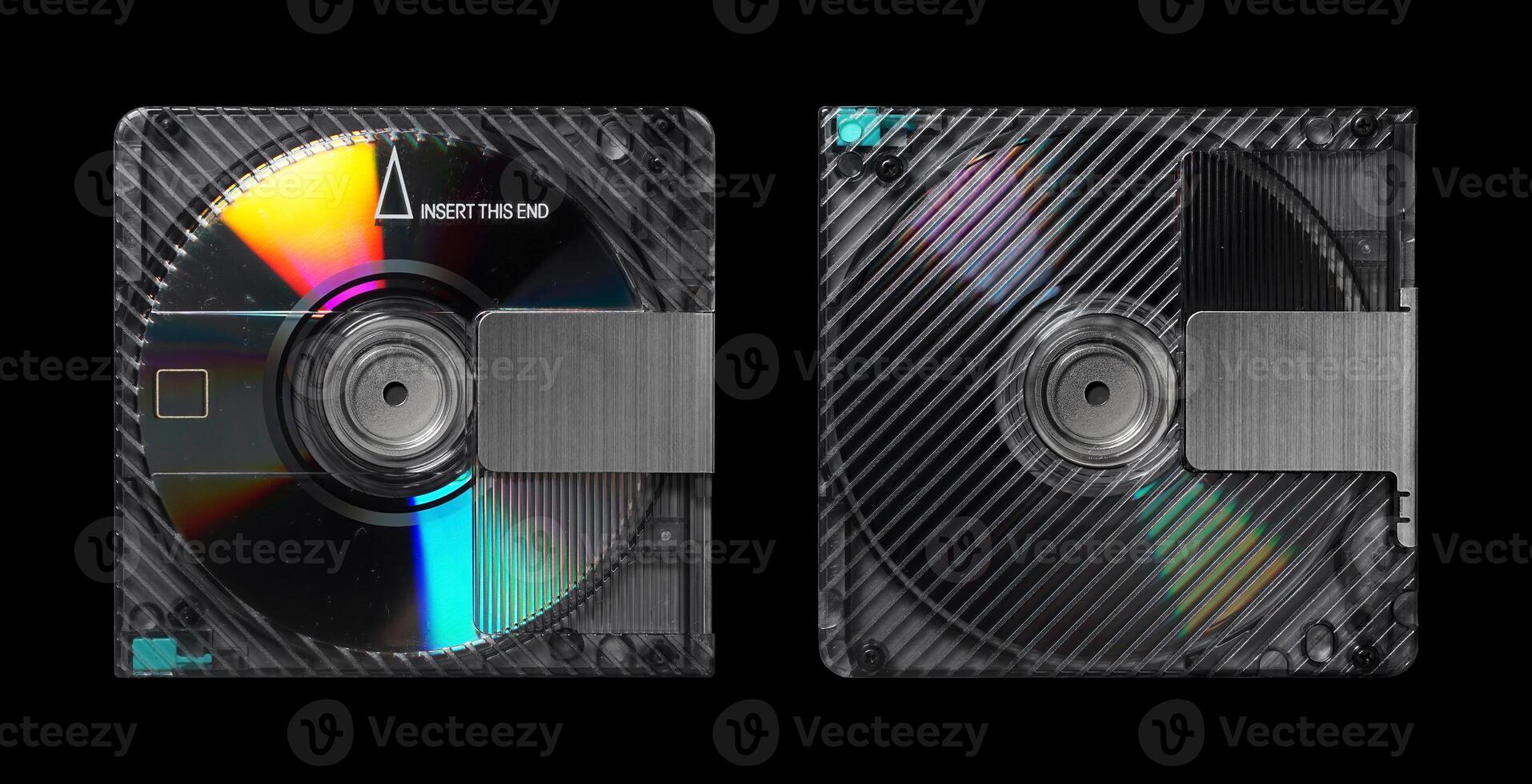 MiniDisc front and back isolated on black. MiniDisc mockup photo