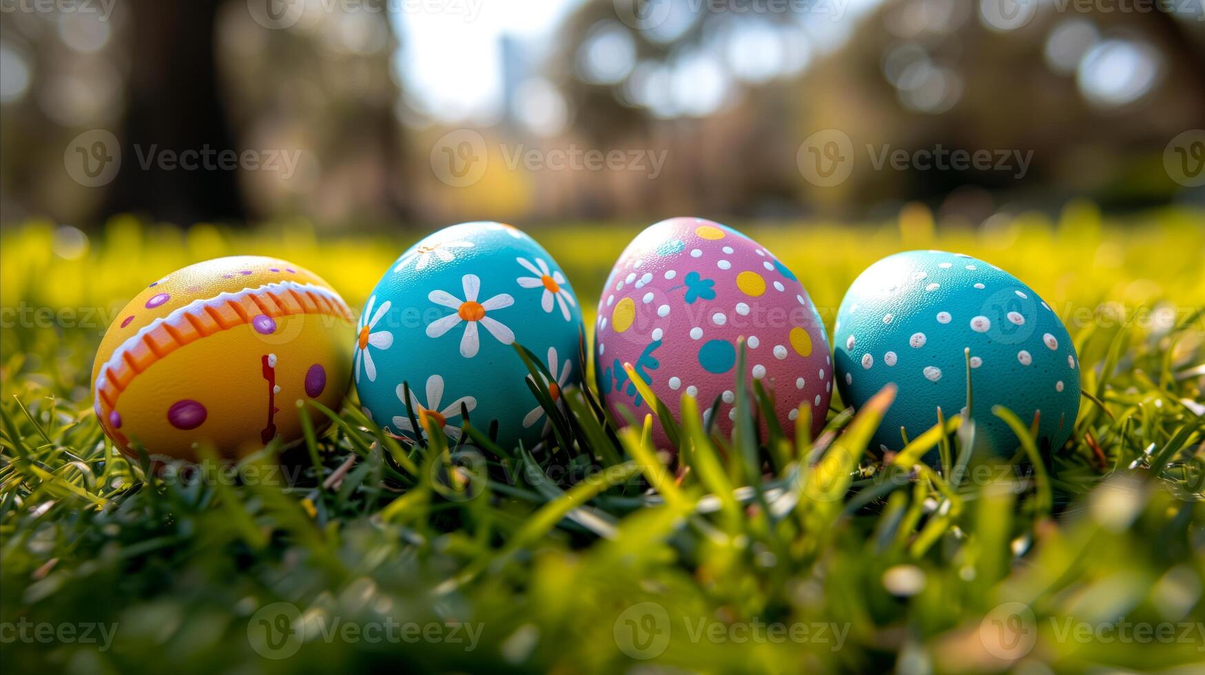 AI generated Rows of colorful Easter eggs lined up. photo