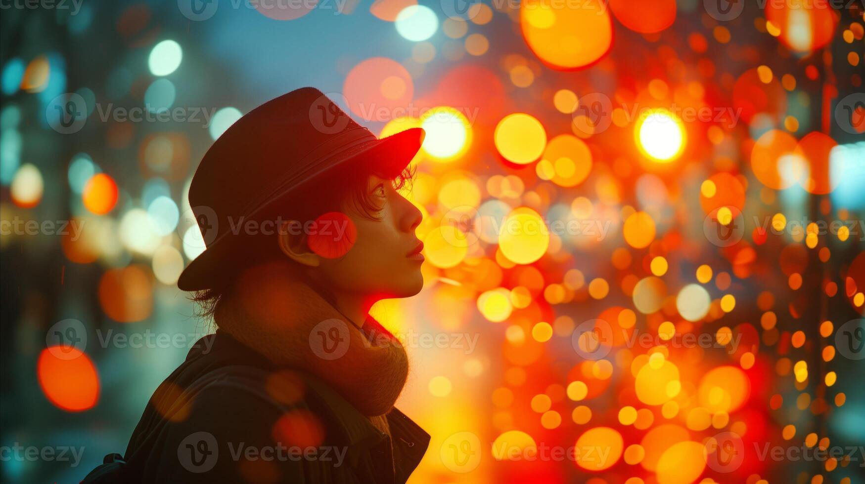 AI generated Contemplative person with hat against bokeh light background photo