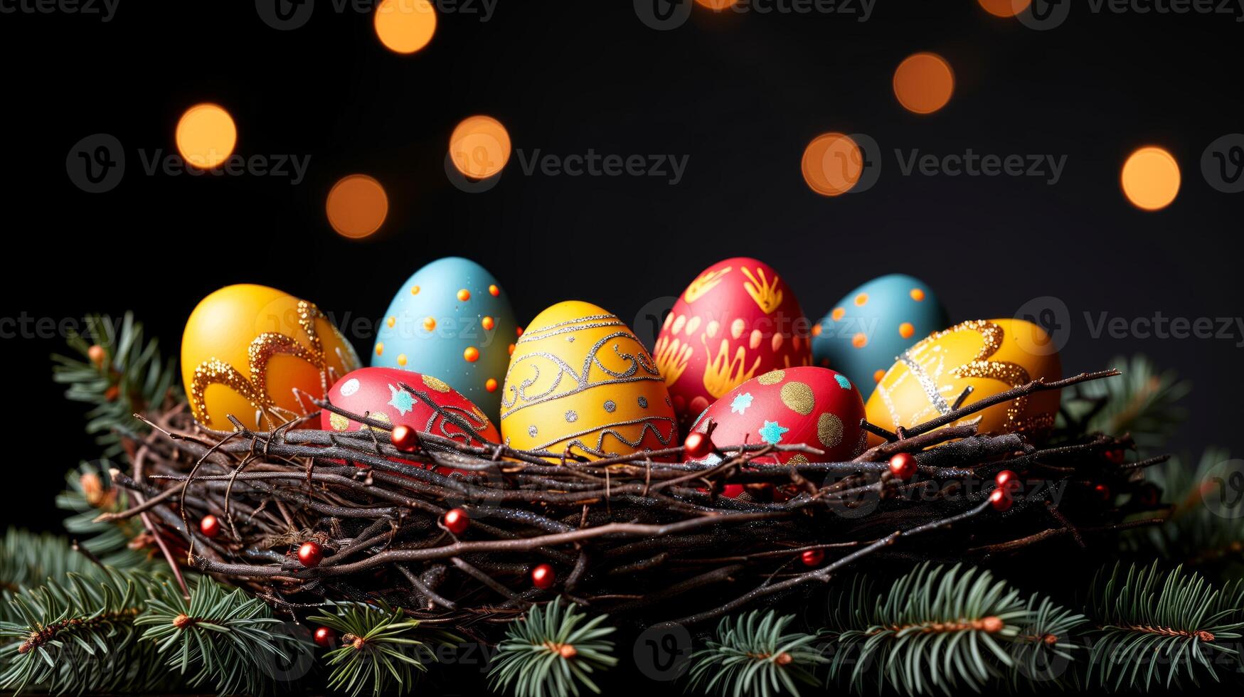 AI generated A photo of colorful eggs inside a basket.