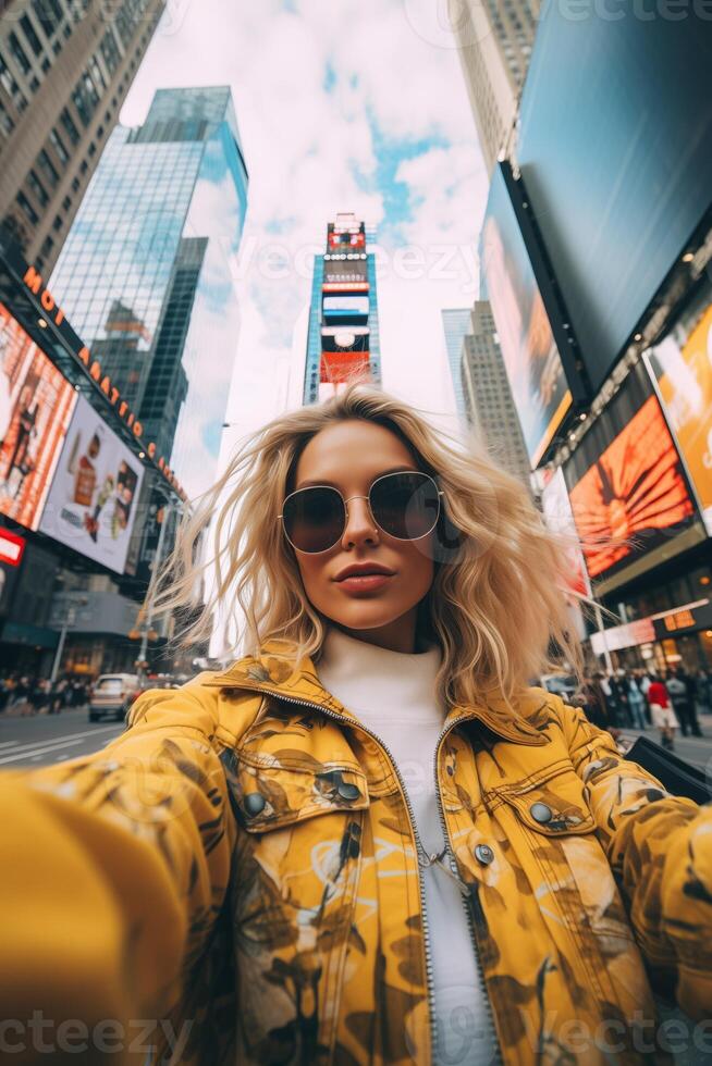 AI generated Woman in Yellow Jacket Taking Selfie photo