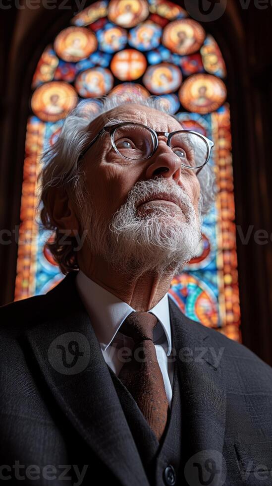 AI generated Man in Suit and Tie Standing in Front of Stained Glass Window photo