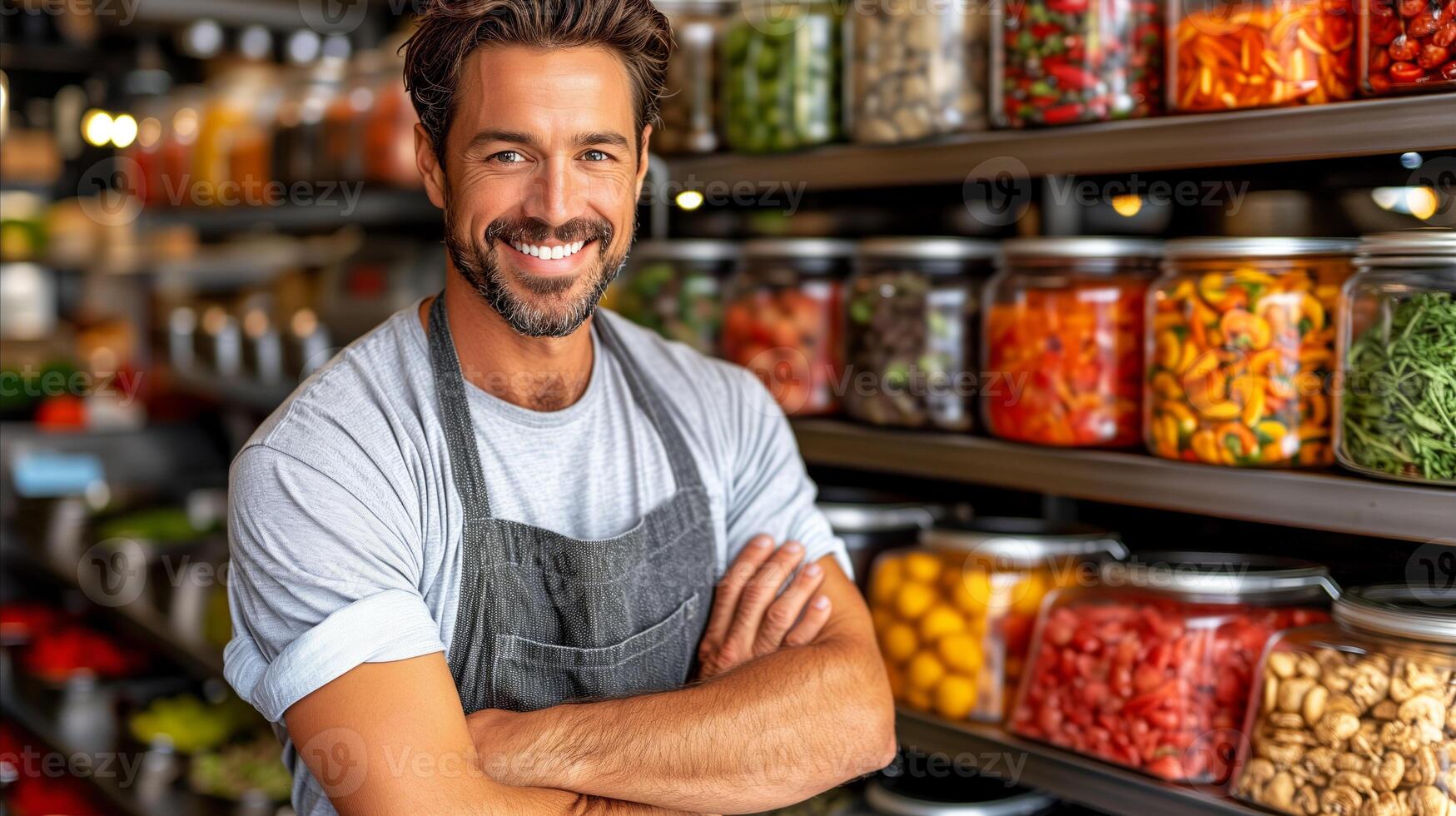 AI generated Man Standing in Front of Food-Filled Store photo