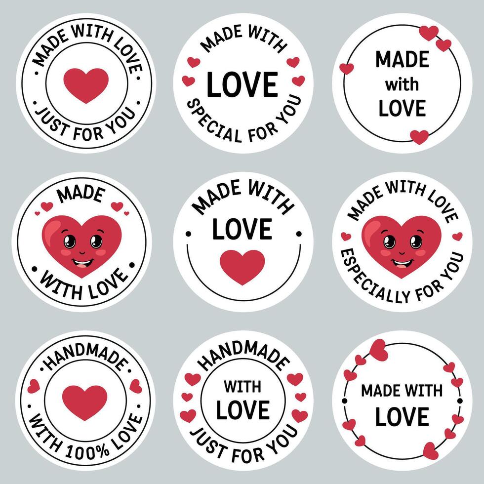 Collection of round labels with handmade, made with love, thank you, appreciation and greetings. Stickers set for friends, teachers appreciation, small handmade business, gift packaging, orders. vector