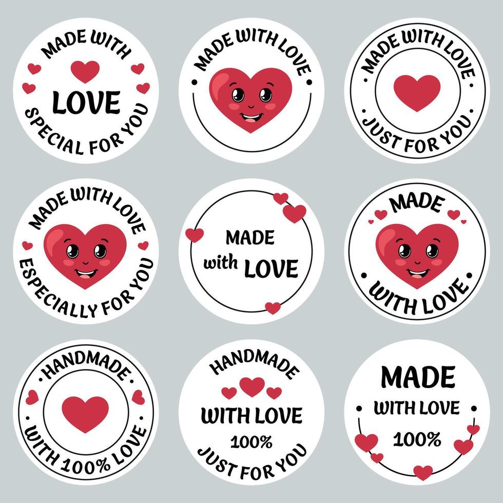 Made with love collection of round stickers. Bundle of round labels with typography for little handmade gift packaging, small business purchase, customers appreciation. Thank you stickers. Handmade. vector