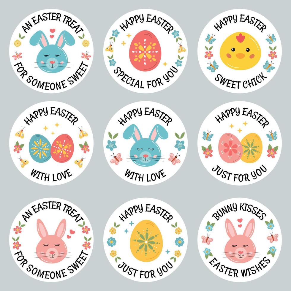 Round Easter stickers with bunny, chicken, egg. Happy Easter labels, tags for gift packaging, treats, postcard, poster, gift tag, invitation. Bunny kisses Easter wishes, some bunny loves you. vector