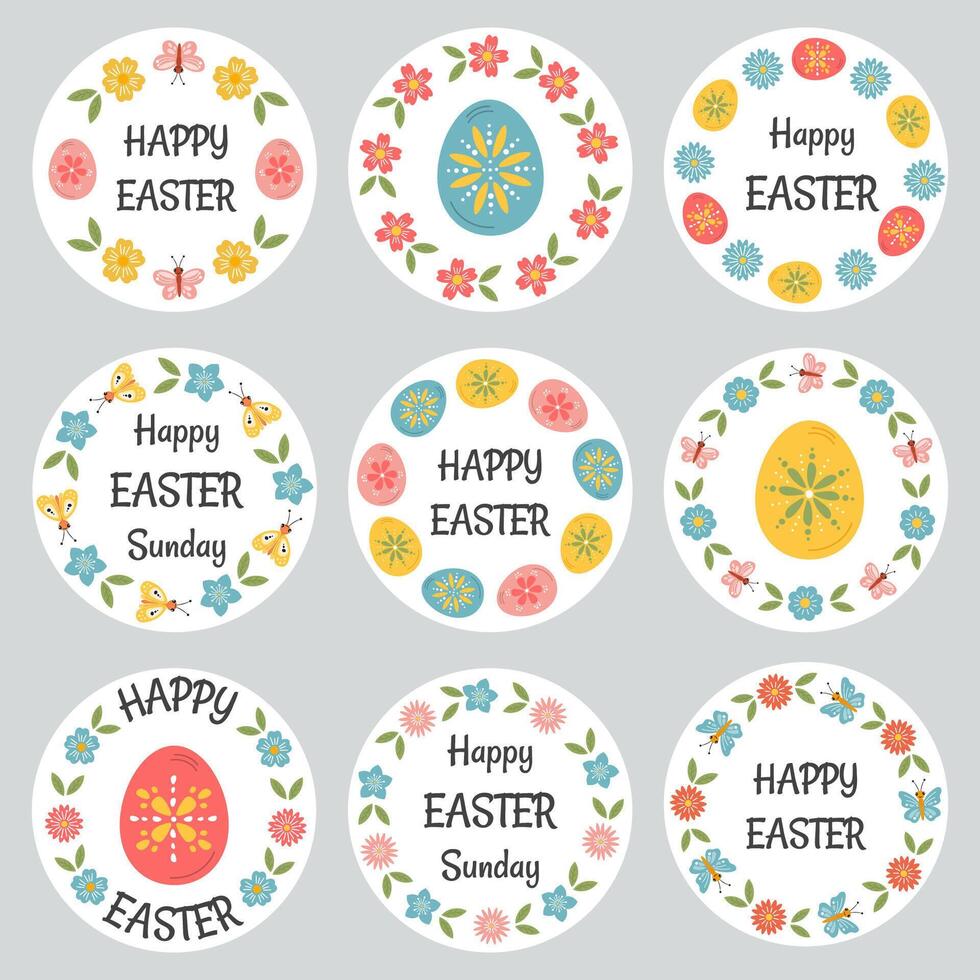 Easter badges and labels vector design elements set. Stickers Easter templates and wreath of eggs, flowers. Happy Easter typography messages. Easter lettering floral frames and hand drawn elements.