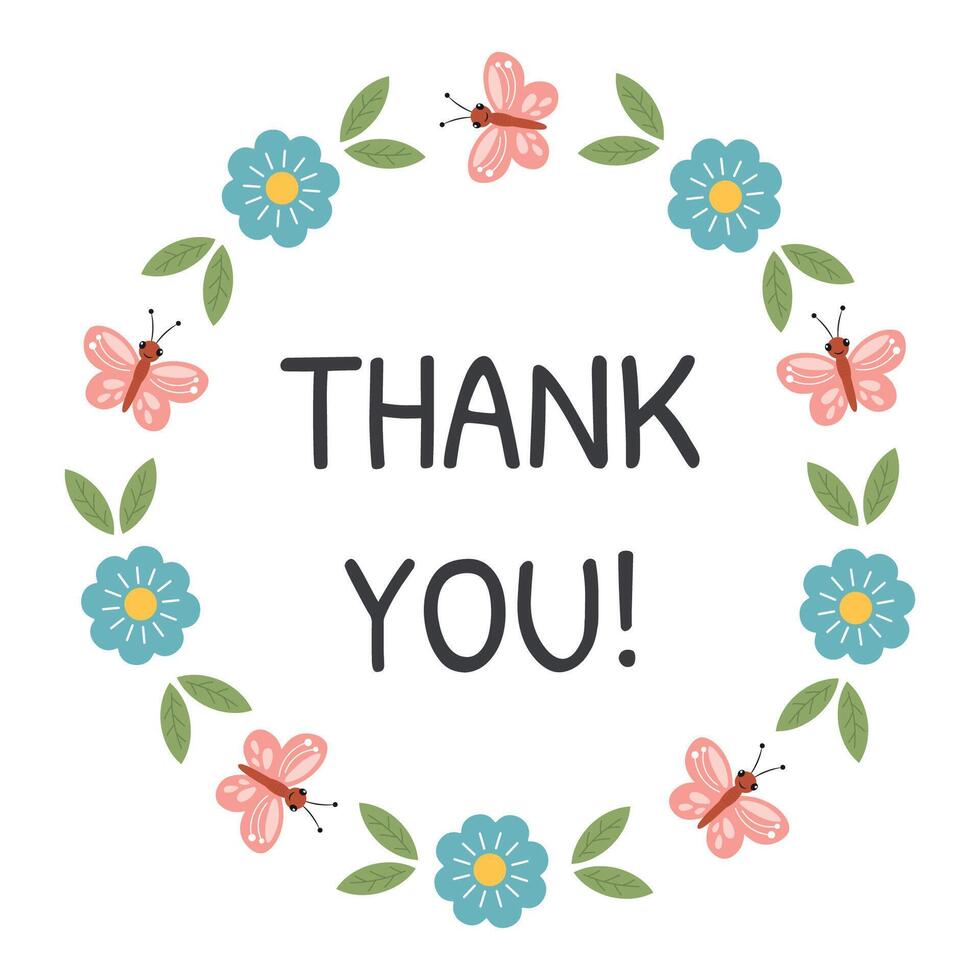 Thank you round stickers with flower, floral frame. Thank you label, appreciation tag card, stamp. Printable small business packaging round sticker with lettering, floral, botanical frame. vector