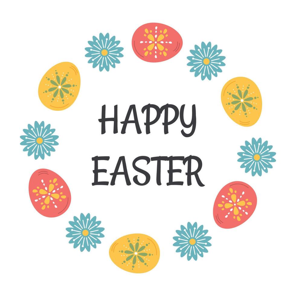 Happy Easter label, badge with wreath of eggs, Easter holiday painted egg symbol. Round sticker, floral frame for gifts package, greeting cards, invitation. vector