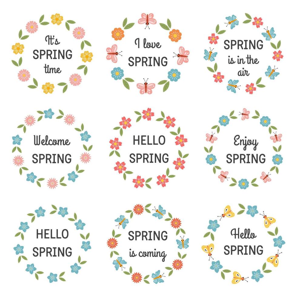 Hello spring collection of round stickers with floral botanic frames, flowers. Spring lettering. Happy Spring mood labels. Vector illustration for postcard, poster, gift tag, invitation.