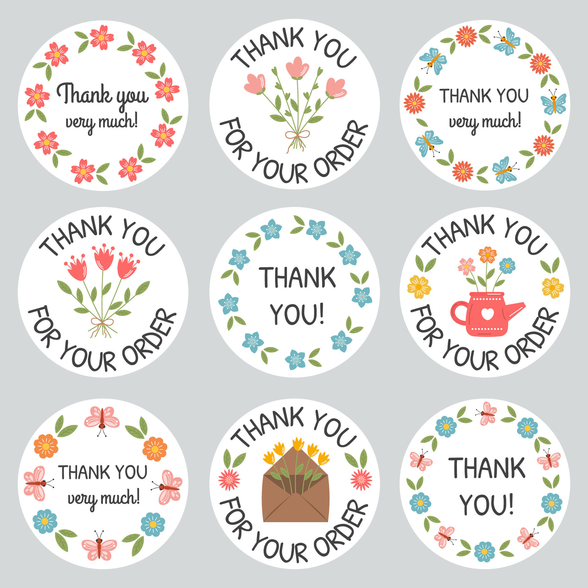 Thank you round stickers collection with flower Thank you labels Thank you round stickers collection with flower Thank you labels