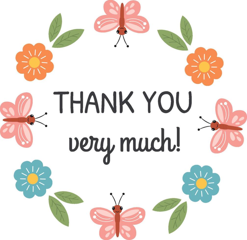 Thank you very much round card, sticker in floral frame for greeting card, appreciation gift tag, print, round sticker for packaging sweets, greeting card, small business, customers orders. vector