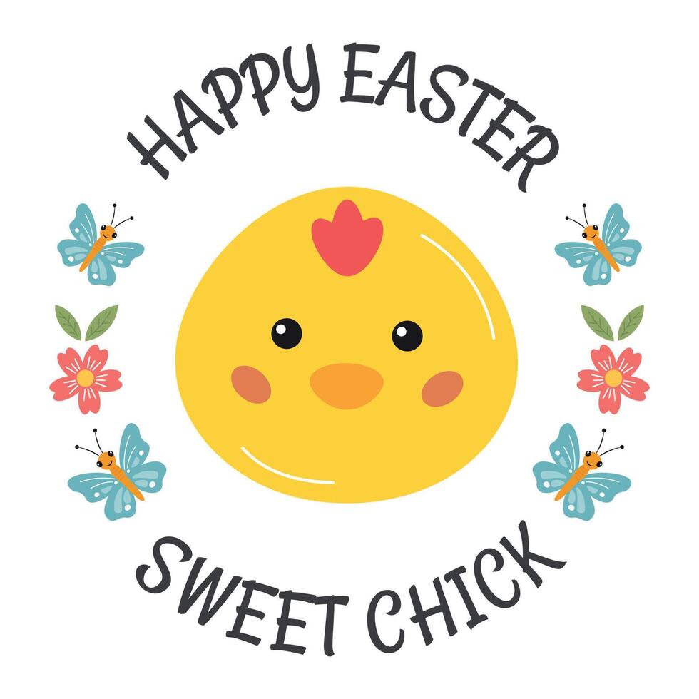 Easter card with cute little chicken and Happy Easter greeting. Sweet chick. Gift tag for treats, round sticker, label for packaging sweets, greeting card. For friend, classmates, children, kids. vector