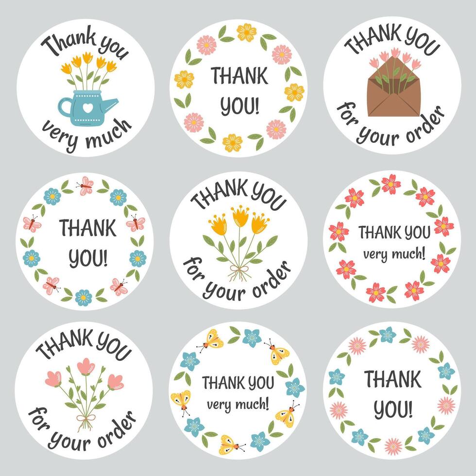 Thank you for your order, thank you round stickers, labels for packaging, letters, small business gift thanks, clients and customers appreciation. Thanks rounded sticker with flowers frame, lettering. vector