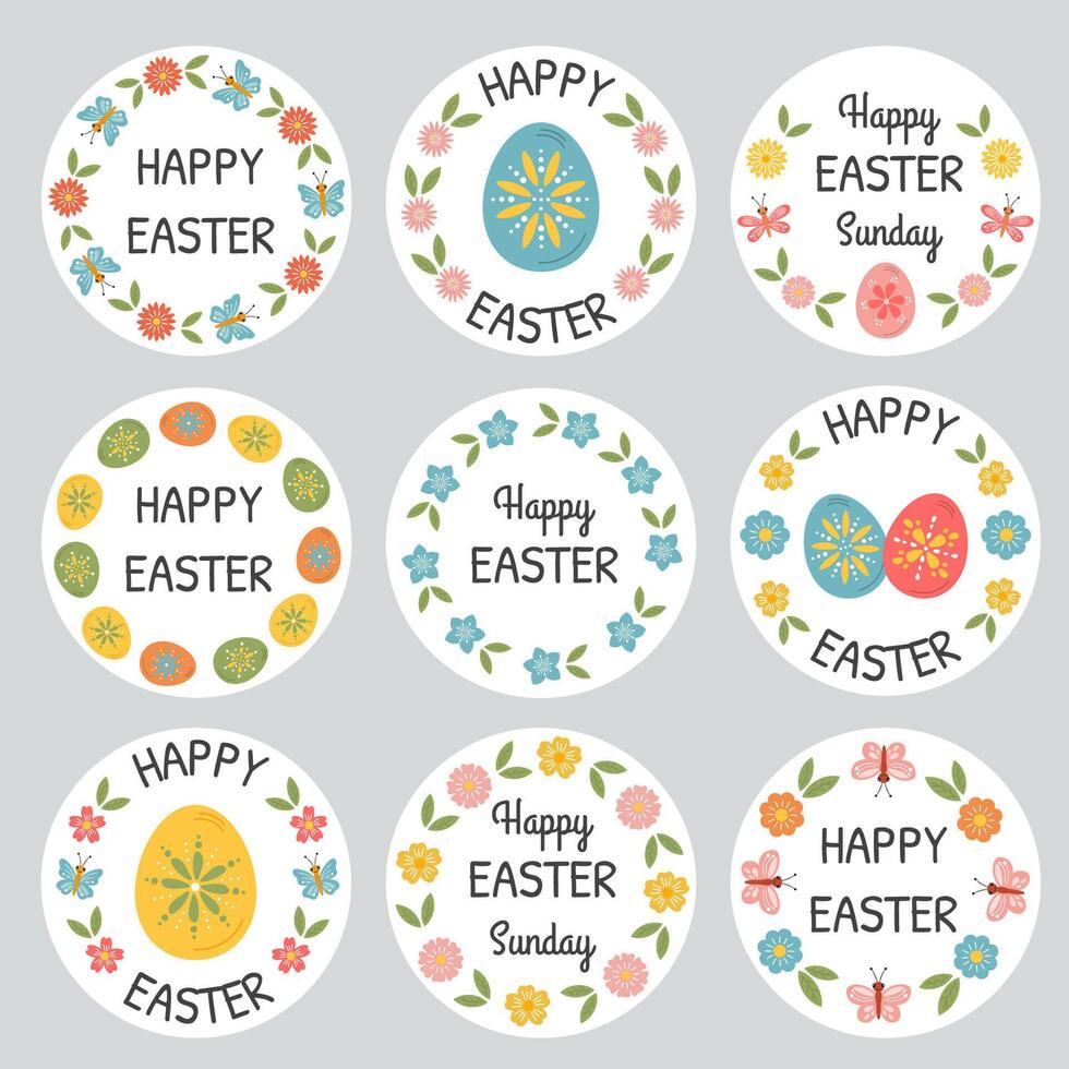 Easter badges and labels vector design elements set. Stickers Easter templates and wreath of eggs, flowers. Happy Easter typography messages. Easter lettering floral frames and hand drawn elements.