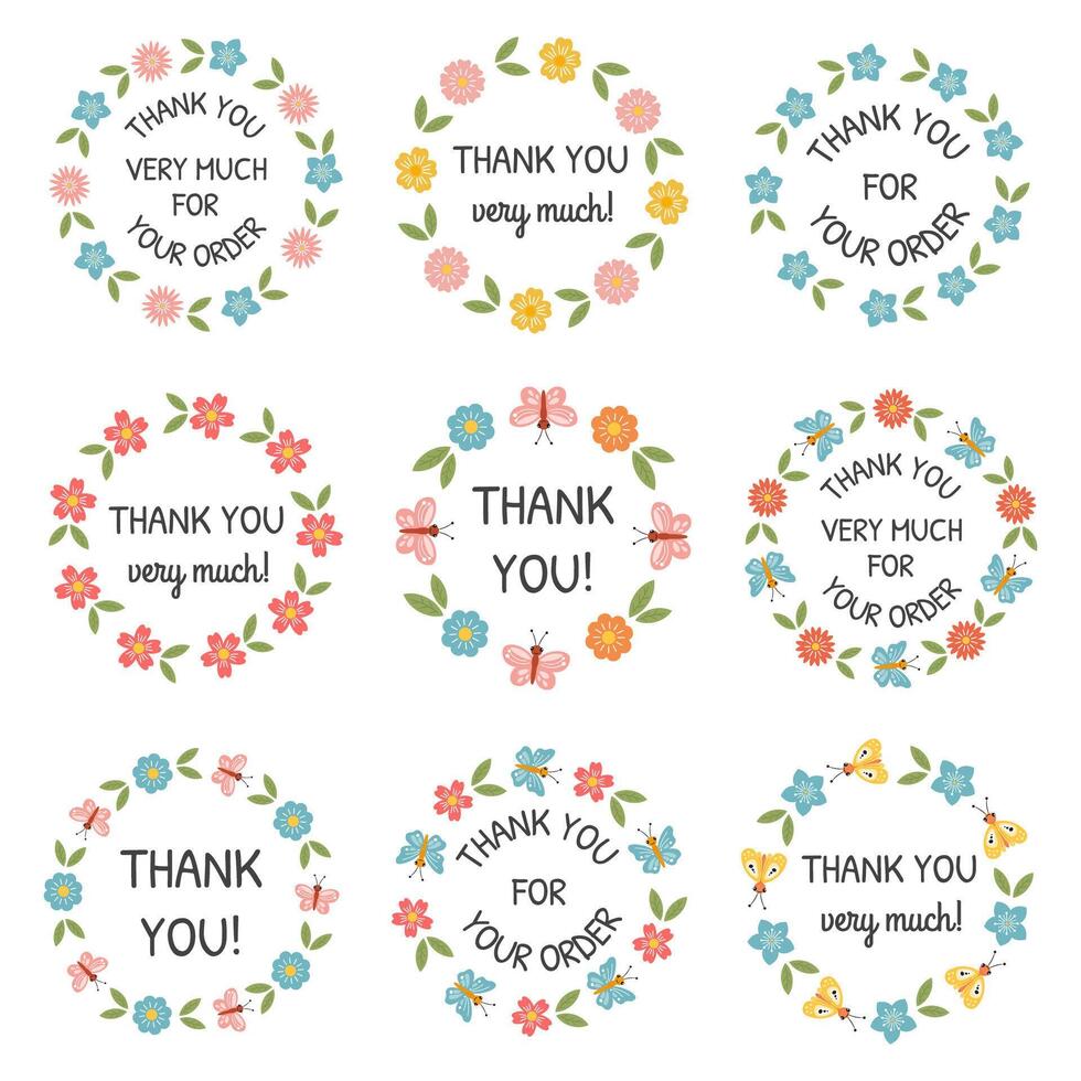 Thank you round labels, appreciation stickers collection. Thank you for your order. Template for gift packaging, customers orders, Thanksgiving, appreciation. For small business, floristic, beauty. vector