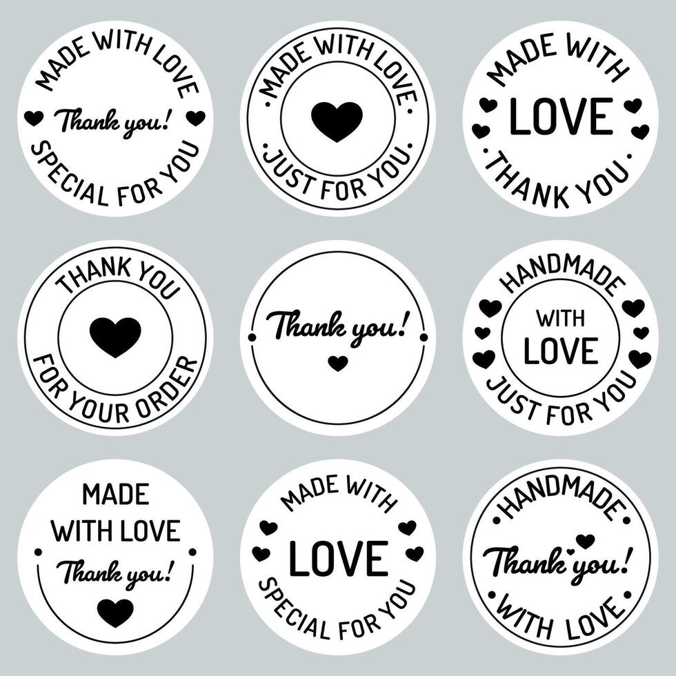 Handmade with love, made with love round stickers collection. Thank you stickers, labels for friends, customers, clients, teachers appreciation, small handmade business, little gift packaging, orders. vector