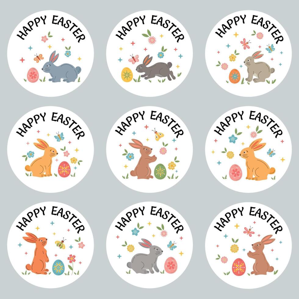 Easter round stickers badges with bunny, egg, spring flowers. Easter holiday labels vector design elements set. Happy Easter typography message with festive rabbit, bunny eggs, flowers, butterfly.