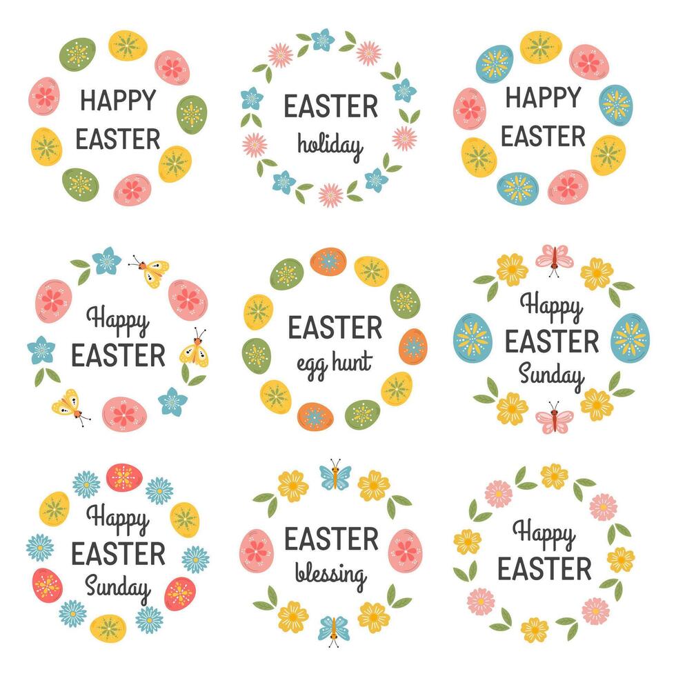 Bundle of Easter label, floral frame with flower. egg, Easter holiday symbols. Round stickers with Happy Easter greeting typography messages. Easter lettering for gifts packaging, tag, greeting cards. vector
