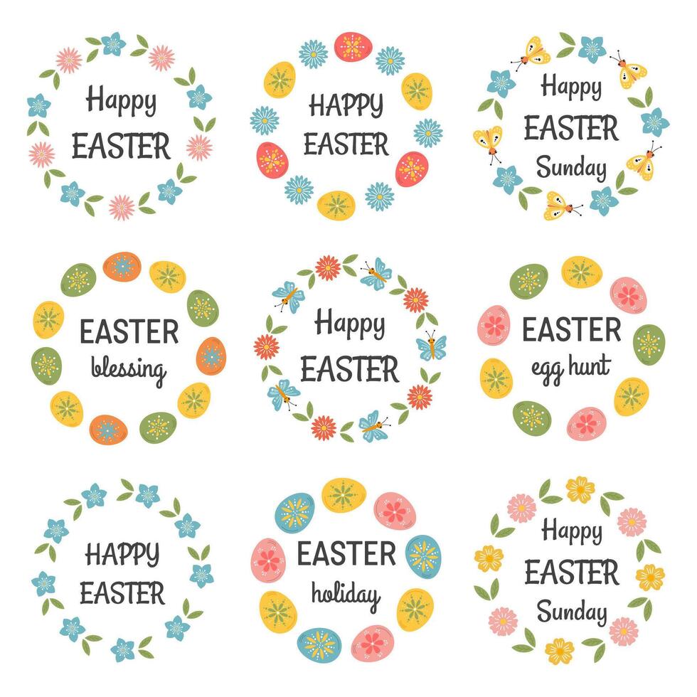 Easter frames with Happy Easter typography messages. Badges and labels with egg, flowers. Stickers Easter templates and objects. Easter lettering, greeting on floral frames, hand drawn holiday symbol. vector