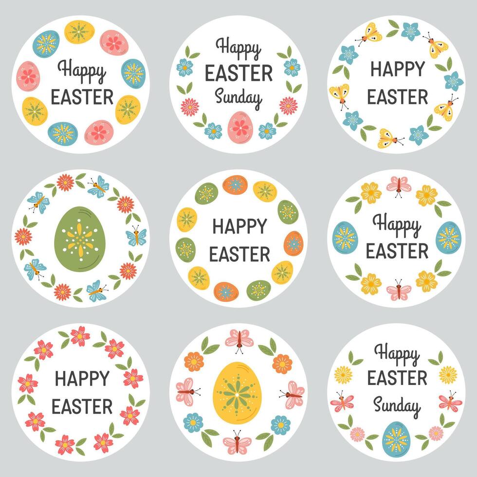 Round Easter stickers, badges, labels. Wreath spring flowers, eggs, floral frames. Easter templates with Happy Easter holiday typography messages. Easter lettering for gifts package, greeting cards. vector