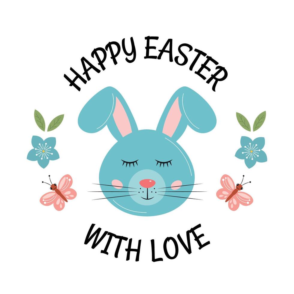 Happy Easter greeting card with cute little bunny and flowers. Round sticker, gift tag, label, badge. Easter funny rabbit. Some bunny loves you. vector