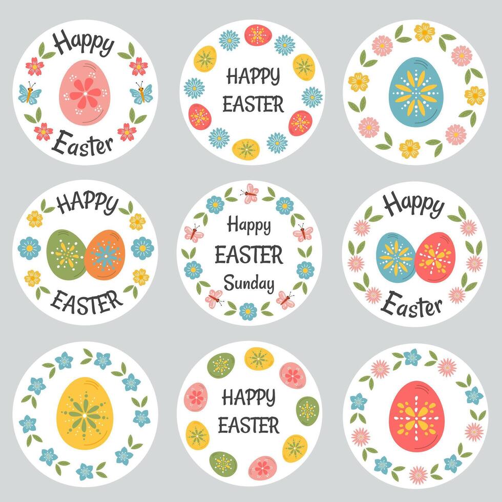 Easter badges and labels vector design elements set. Stickers Easter templates and objects, eggs, flowers. Happy Easter typography messages. Easter lettering floral frames and hand drawn elements.