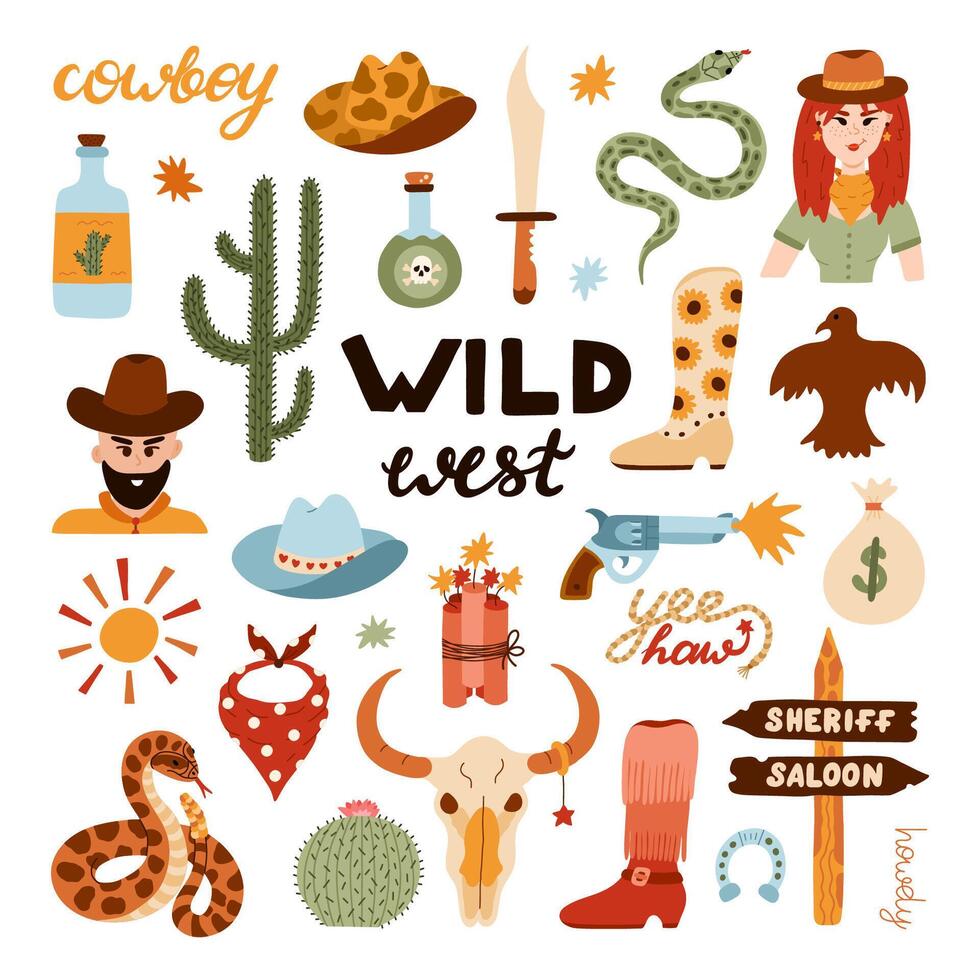 Big Wild West and cowboy set in trendy flat style. Hand drawn simple vector illustration with western boots, hat, snake, cactus, bull skull, sheriff badge star. Cowboy theme with symbols of Texas.
