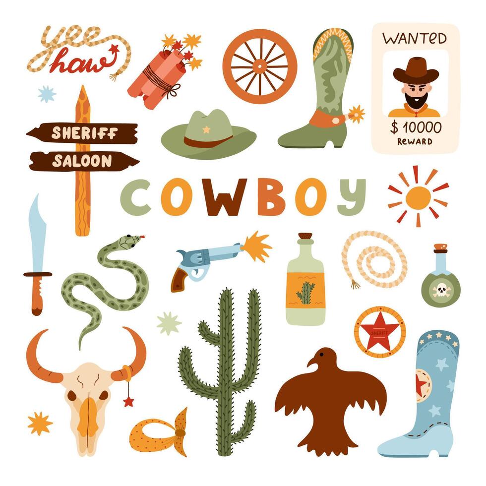 Big Wild West and cowboy set in trendy flat style. Hand drawn simple vector illustration with western boots, hat, snake, cactus, bull skull, sheriff badge star. Cowboy theme with symbols of Texas.