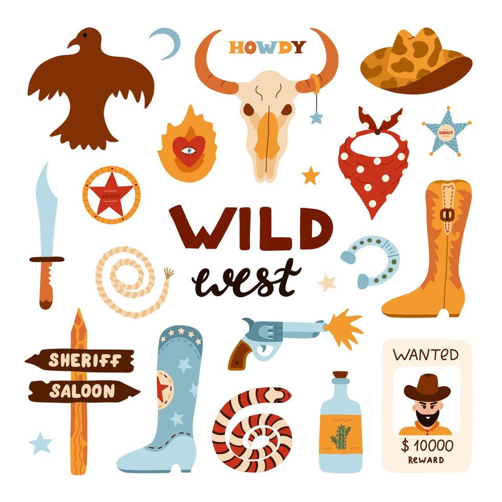 Big Wild West and cowboy set in trendy flat style. Hand drawn simple vector illustration with western boots, hat, snake, cactus, bull skull, sheriff badge star. Cowboy theme with symbols of Texas.