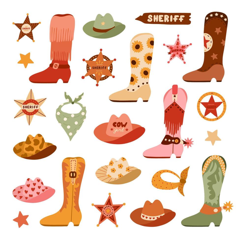 Big Wild West and cowboy set in trendy flat style. Hand drawn simple vector illustration with western boots, hat, snake, cactus, bull skull, sheriff badge star. Cowboy theme with symbols of Texas.