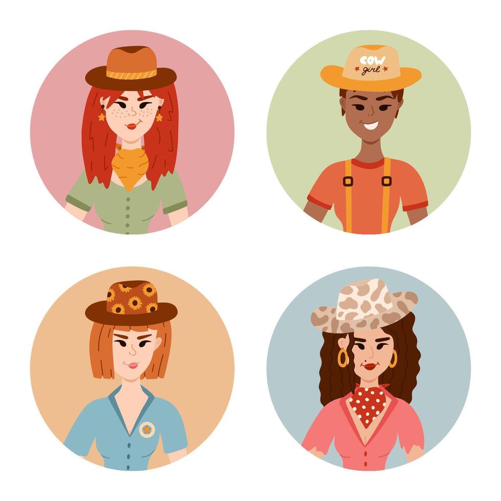 Hand drawn set with round avatars of cowgirl wearing hat, bandana, t-shirt and star earrings. Cute portrait of cow girl or Wild west theme. Vector western female character for print design, poster