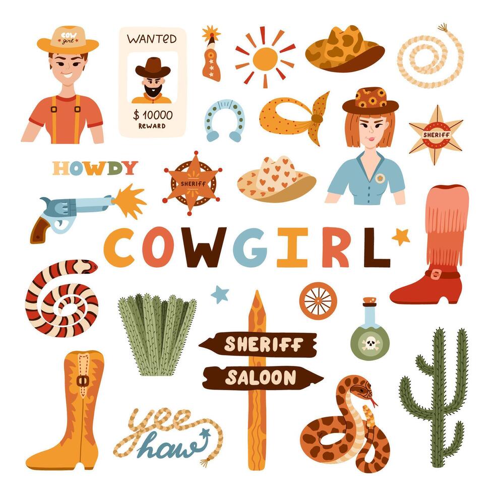 Big cowgirl set in trendy flat style. Hand drawn simple vector illustration with western boots, hat, snake, cactus, bull skull, sheriff badge star. Cowboy theme with symbols of Texas and Wild West.