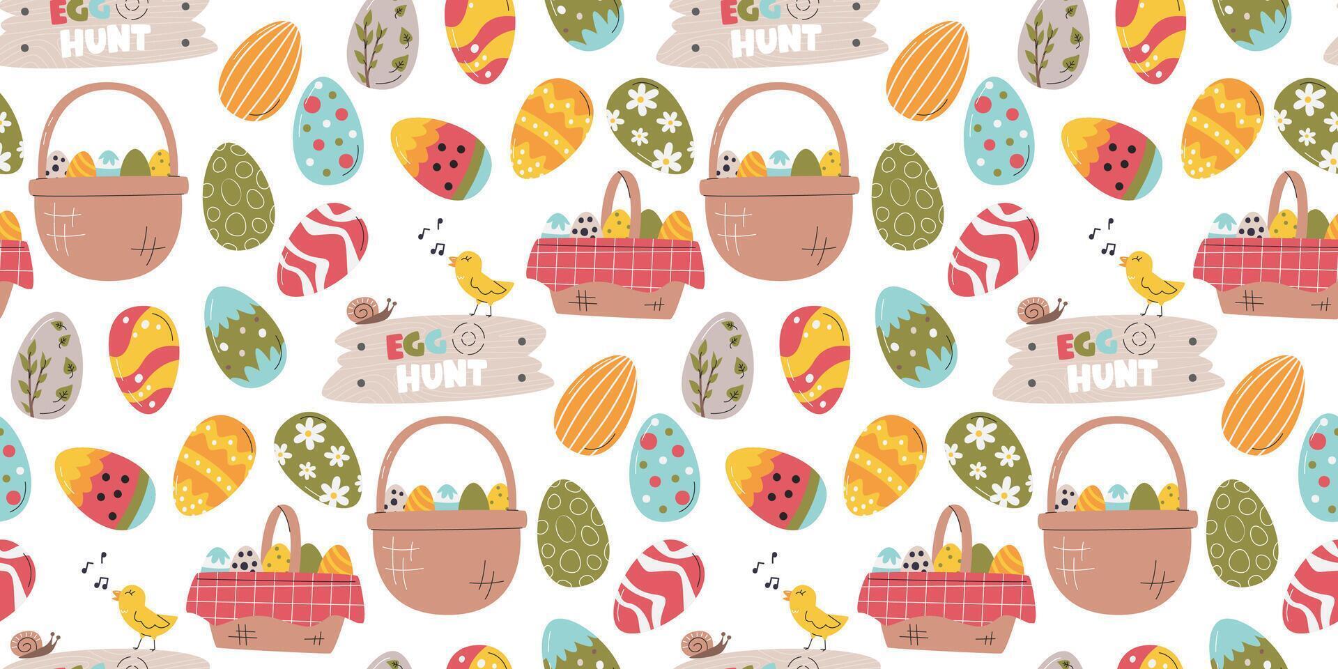 Traditional Easter game egg hunt. Festive pretty seamless pattern isolated. Colorful backdrop design. Wrapping gift paper concept with baskets and eggs. Horizontal hand drawn flat vector illustration