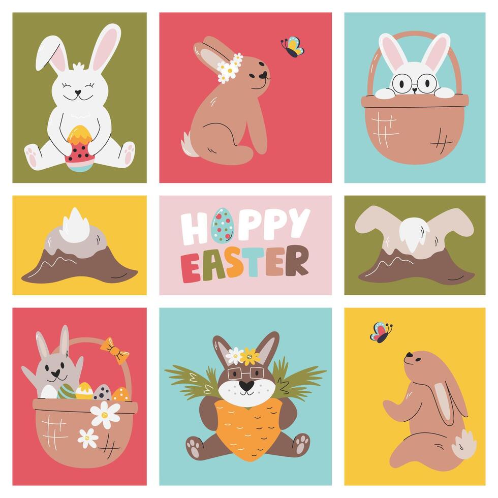 Happy Easter greeting card. Cute handwritten Hoppy Easter lettering concept. Colorful seasonal template design isolated on white. Festive poster with funny bunnies hand drawn flat vector illustration