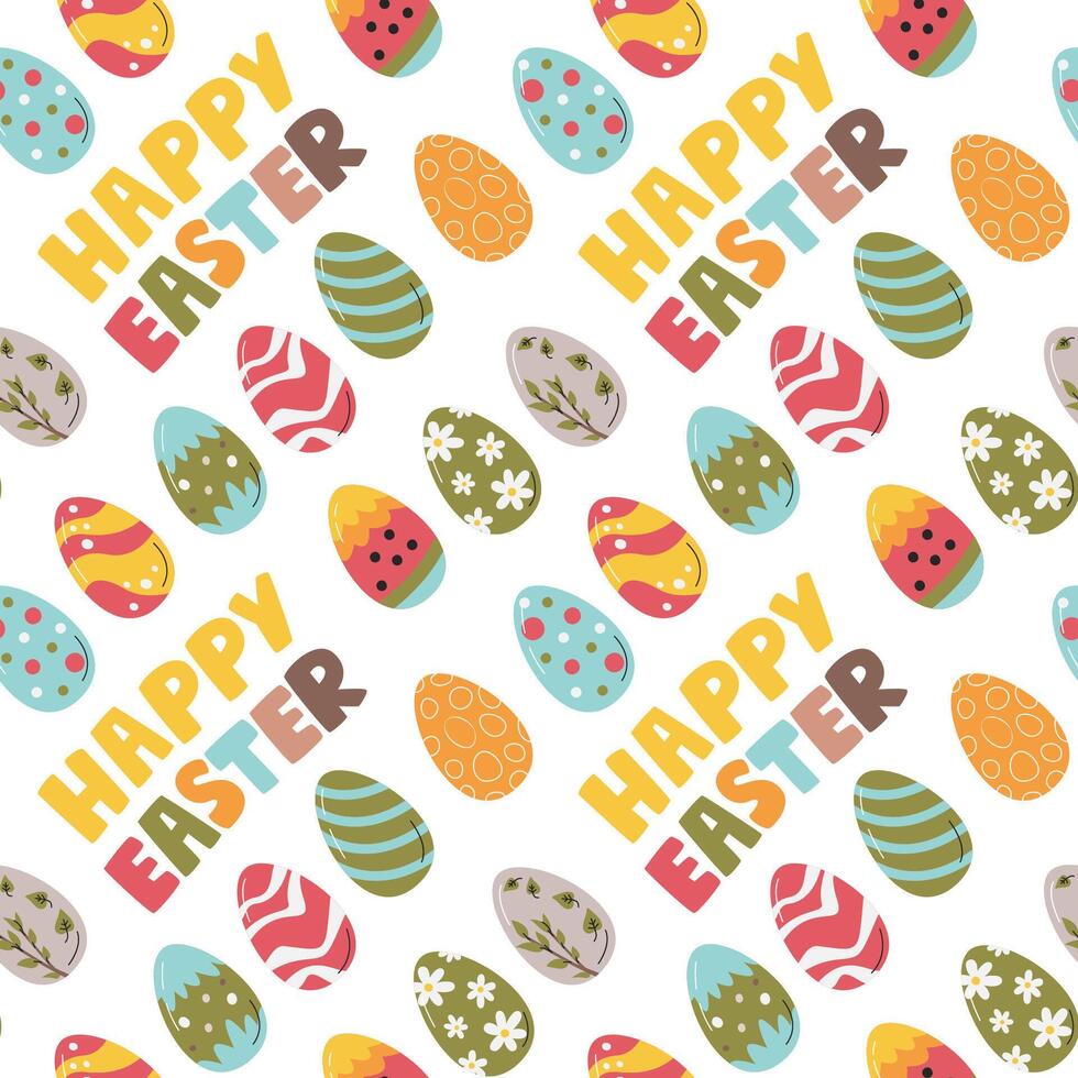 Festive seamless pattern isolated on white. Wrapping gift paper design with different eggs. Holiday and celebration elements. Springtime cute concept. Happy Easter hand drawn flat vector illustration