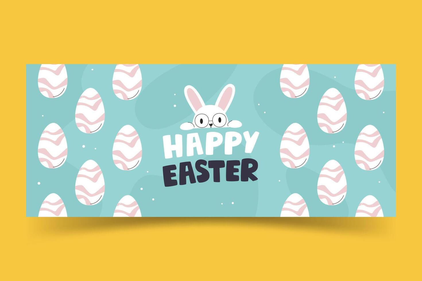 Horizontal symmetrical banner with Easter bunny and eggs. Festive handwritten lettering concept design. Cute holiday and celebration greeting template. Happy Easter hand drawn flat vector illustration