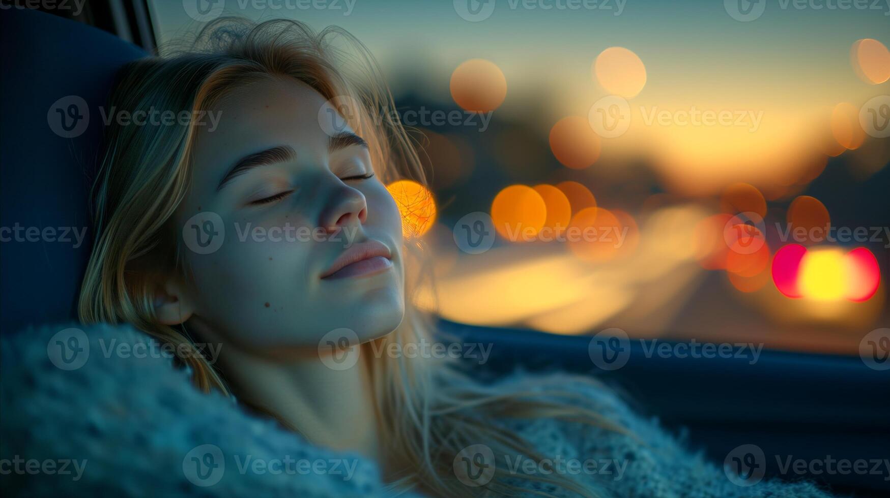 AI generated Woman Sleeping in Car at Night photo