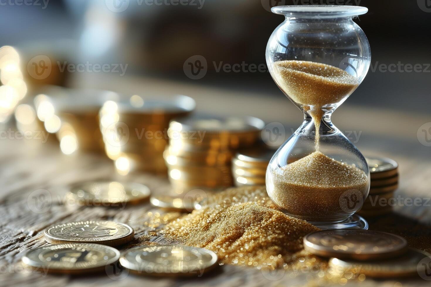 AI generated Sand Clock and Coins on Table, Time and Value photo